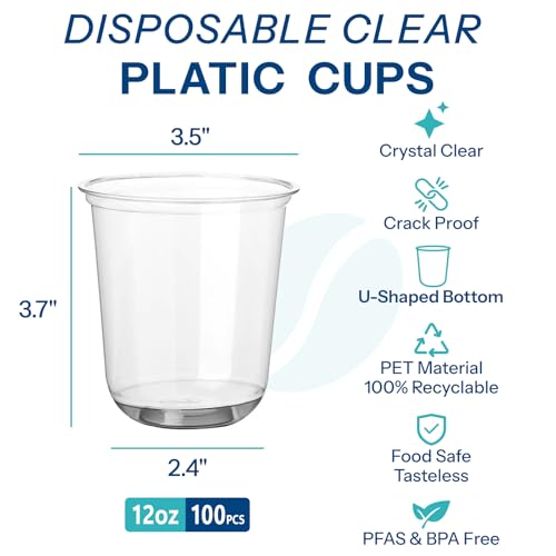 Homestockplus 12 oz Clear Plastic Cups 100 Pack - BPA-Free Stemless Disposable Wine Glasses, Open-Top Drink Cups for Iced ...
