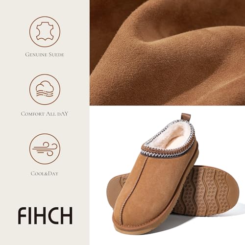 FIHCH Mens Slippers Genuine Suede Fuzzy Slippers Indoor and Outdoor Cozy House Shoes Memory Foam Non-Slip Footwear Winter ...
