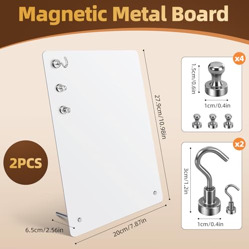 2 Pack 11x8 Inch Magnetic Metal Bulletin Board - Magnet Display Stand with 6 Magnets for Home, School, Kitchen, Office (Wh...