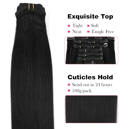 Sassina 20 Inch Yaki Straight Clip in Hair Extensions Virgin Human Hair Jet Black Double Wefts for African American Black Women 7 Pieces 120g with 17 Clips