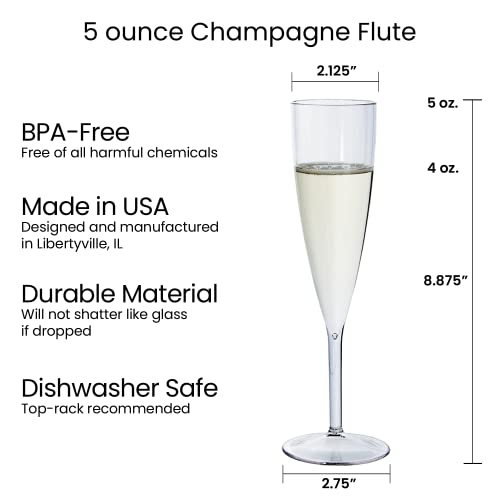 US Acrylic Plastic Reusable Champagne Flute (Set of 12) Clear 5oz Stems | BPA-Free, Shatterproof, Made in USA | Top-Rack D...