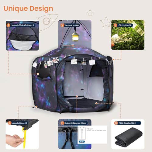 Kids Pop Up Play Tent with Fairy Lights, Hexagonal House with Removable Mat, Indoor Playhouse for Children, Galaxy Theme G...
