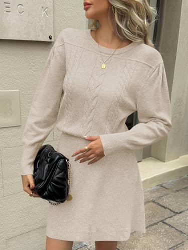 Saodimallsu Womens Puff Long Sleeve Sweater Dress Cable Knit A Line Crew Neck Fall Casual Flare Mini Dresses