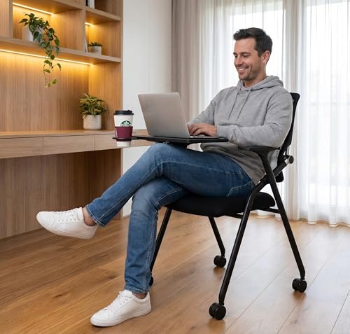 BLANEDUO Updated Conference Room Chairs with Tablet Arm, Folding Office Desk Chair with Lumbar Support and Sliding Armrest...