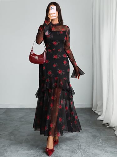 GothDark Womens Floral Maxi Dress Sheer Mesh Bell Sleeve Tiered Ruffle Gothic Romantic Casual Long Dresses