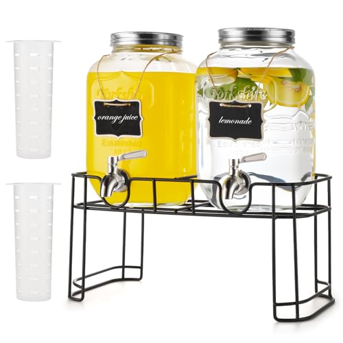 defway Glass Drink Dispenser for Party - 1 Gallon Glass Drink Dispenser with Fruit Infuser