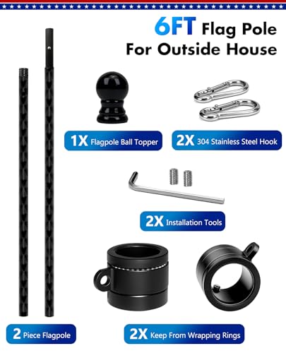 6FT Flag Pole For Outside House, Outdoor Flag Pole With Carbon Fiber, 2-Section Non-Wrapping Heavy Duty Design, Flagpoles ...