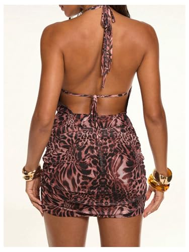 SOLY HUX Women's Leopard Mesh Dress Y2k Deep V Open Back Halter Bodycon Mini Dresses Rave Outfit