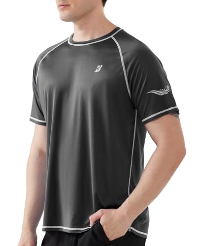 Roadbox Men's UPF 50+ Swim Shirts, Short Sleeve UV Sun Protection Rash Guard T-Shirt, Quick Dry Water Surfing Beach Tees