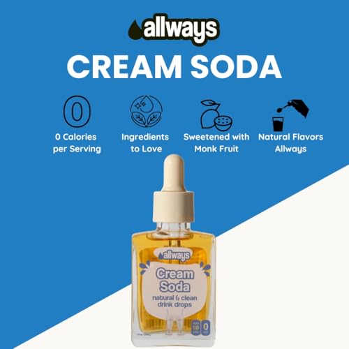 Allways Drops Natural Cream Soda Water Enhancer | Sugar-Free, Zero Calories, Monk Fruit Sweetened | Glass Bottle for On-th...