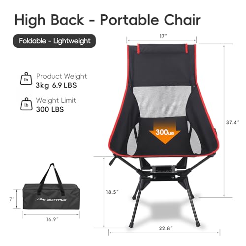 OUTTPLY Swivel Camping Chair, High Back Folding Chair with Head Support, Side Cup Pocket, Stable Portable Outdoor Chair fo...