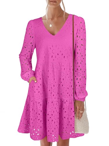 ANRABESS Long Sleeve V Neck Dresses for Women Eyelet Hollow Out Business Casual Tiered 2026 Fall Mini Dress with Pockets