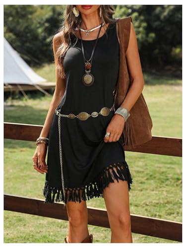 Verdusa Women's Western Fringe Tank Dresses Cowgirl Sleeveless Short Summer Dress