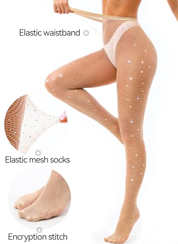 VEBZIN Sexy Sparkly Fishnets Stockings Jeweled High Waist Fishnet Tights for Women Rhinestone Party Pantyhose