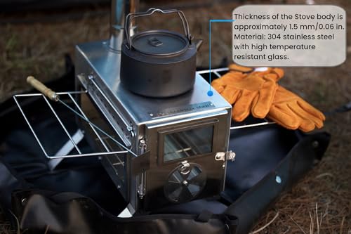 Dandelion shell Portable Camping Wood Stove with View Glass and Cooking Function, 8 Stainless Steel Chimneys for Shelter, ...