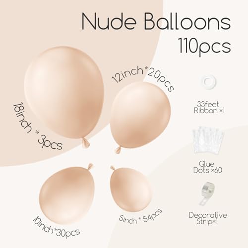 Awenztech 110pcs Nude Balloon Arch Garland Kit, 18 12 10 5 inch Apricot Balloons Different Sizes for Birthday Party Decora...