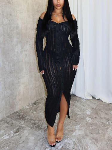 Sexy Button Down Dresses for Women Date Night Off Shoulder See Through Mesh Ruffle Bodycon Maxi Dress
