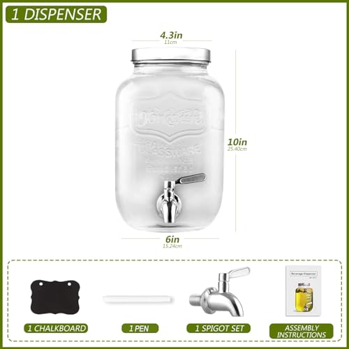 1 Gallon Drink Dispenser with Spigot 18/8 Stainless Steel – Airtight & Leakproof Glass Sun Tea Jar with Anti-Rust Lids, Be...