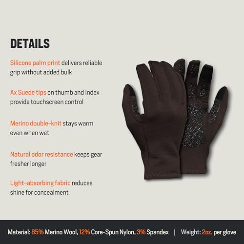 First Lite Rugged Wool Fleece Glove - Heavyweight Merino Wool Hunting Gloves with Silicone Grip and Touchscreen Compatible