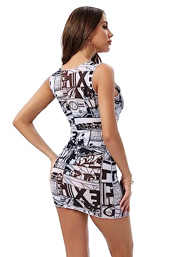 ABMOIU Sexy Mini Print Mesh Dress for Women, See Through Sleeveless Stretchy Bodycon Short Summer Dresses