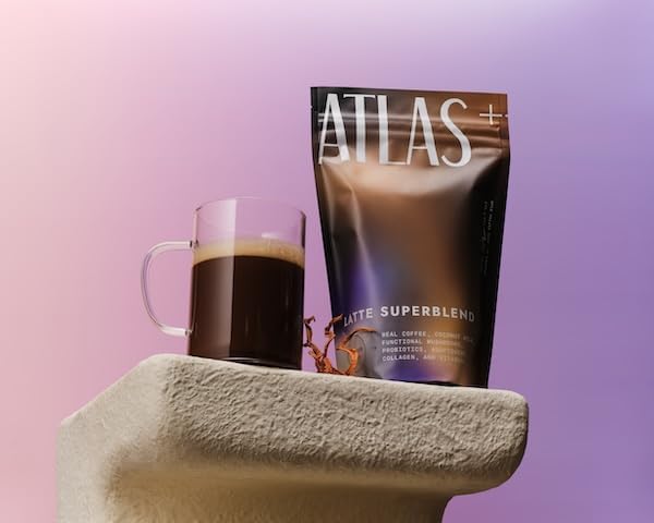 Atlas+ Latte Superblend– Premium Mushroom Coffee with Collagen, Probiotics, D3 & B12, Lion’s Mane, Reishi, Cordyceps, Coconut– for Energy, Focus, Immunity & Gut Health– 40 Servings (2 Bags)