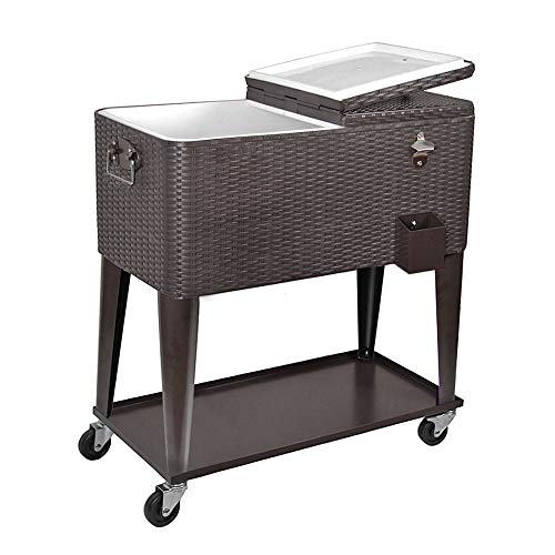 80 Quart Qt Rolling Cooler Ice Chest Cart for Outdoor Patio Deck Party, Dark Brown Wicker Faux Rattan Tub Trolley, Portabl...