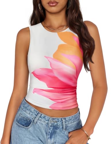 ZESICA Women's 2026 Summer Sleeveless Floral Tank Tops Mesh Y2K Crop Going Out Outfits Beach Vacation Trendy Clothes