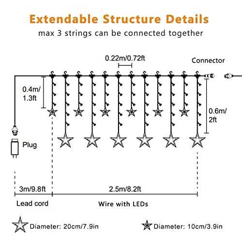Blingstar Star Christmas Lights 138 LED 12 Star Curtain Lights 8 Flashing Mode Window String Lights 8.2ft Connectable Hang...
