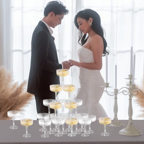 JarThenaAMCS 30Pcs Champagne Tower Glass 7 Oz Acrylic Champagne Coupe Stackable Clear Martini Cocktail Glass for Birthday ...
