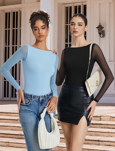 Avidlove Women Long Sleeve Body Suits Mesh Boat Neck Shapewear Bodysuit Crew Neck Leotards Going Out Tops Fall Outfits