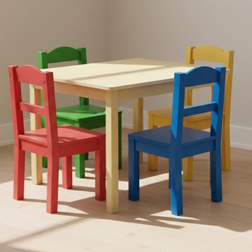 Humble Crew Kids Wooden Table and 4 Chairs Set, Natural/Primary - Kids Table and Chair Set for Toddlers and Children for A...