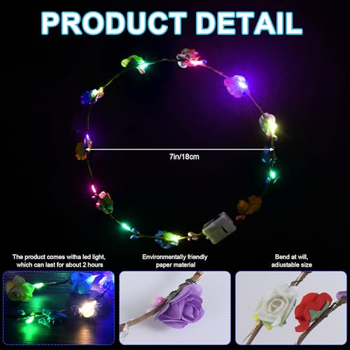 QSJQAMG 30 Pcs LED Flower Crown Headband,led Headbands,Light Up Flower Headbands for Women,Garlands Glowing Floral Wreath ...