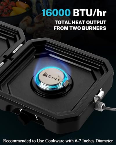 Gonex 2 Burner Propane Camping Stove with Griddle & Grates, Portable Foldable Cooking Stove with Total 16,000 BTU, Two Pie...