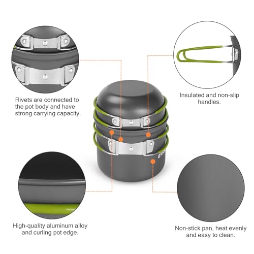 Odoland 16pcs Camping Cookware Mess Kit, Lightweight Pot Pan Mini Stove with 2 Cups, Fork Spoon Kits for Backpacking, Outd...