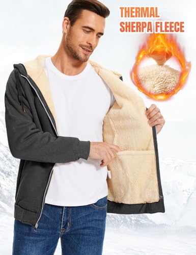 Flygo Sherpa Hoodies for Men Zip Up Winter Fleece Lined Hooded Sweatshirt Heavyweight Warm Jackets
