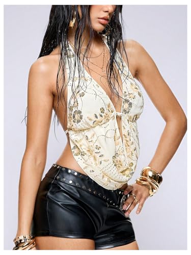 Verdusa Women's Cheetah Print Sequin Top Y2K Tie Back Corset Halter Going Out Crop Tops