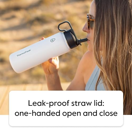 ThermoFlask 24 oz Double Wall Vacuum Insulated Stainless Steel Water Bottle - Reusable with Leakproof Chug & Straw Lids - ...