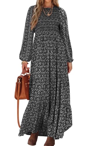 PRETTYGARDEN Women's Spring Dresses 2026 Long Sleeve Flowy Casual Floral Maxi Dress Crew Neck Smocked Tiered Long Dress