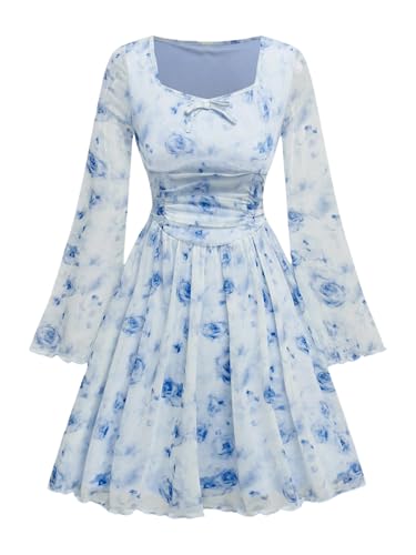 Verdusa Girl's Floral Mesh Boho Dresses Long Sleeve Ruched A Line Flowy Dress Spring Clothes Festival Outfits