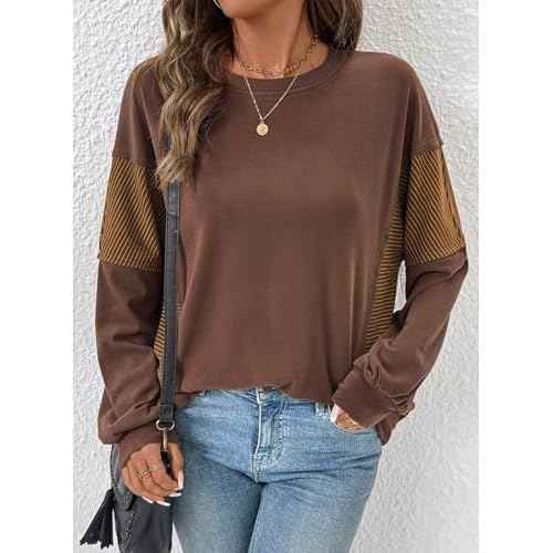Dokotoo Casual Crewneck Sweatshirt for Women Long Sleeve Soft Knit Tops Striped Contrast Tunic Shirts Fall Winter Clothes