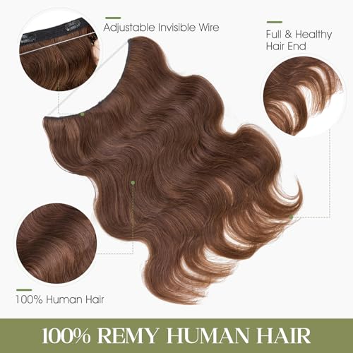 Halo Hair Extensions Real Human Hair Invisible Wire Extensions with Transparent Fish Line Wavy Curly Halo Clip in Human Hairpieces Medium Brown 18 Inch