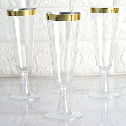 24 pcs 5 oz Clear with Gold Rim Plastic Champagne Flutes Glasses - Clear Drinkware, Plastic Wine Glasses for Weddings Part...