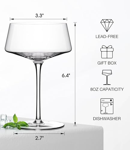 Hlukana Hand Blown Martini Glasses Set of 4, 8 oz Coupe Glass, Premium Crystal Cocktail Glassess, Champagne Glass, Handblo...