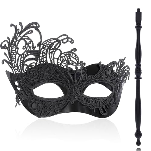 Maeaccx Black Masquerade Mask with Stick Lace Handheld Masks Mardi Gras Cosplay Fashion Shows for Women