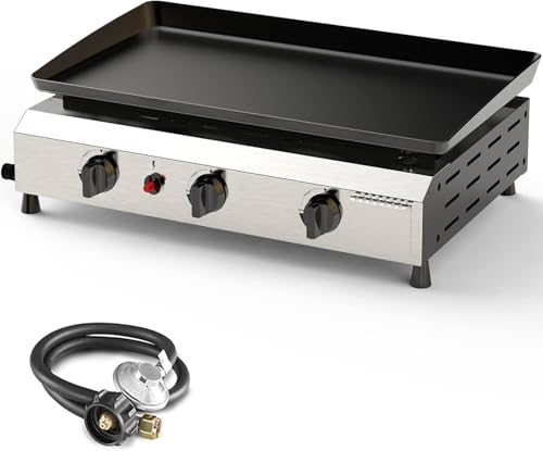 ADREAK 3 Burner BBQ Gas Griddle, 25.6 Inch Stainless Steel Tabletop Portable Propane Griddle, 30,000 BTU Flat Top Grill fo...
