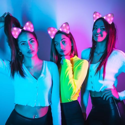 Juexica Light up Cat Ear Headband LED Kitty Ear Furry Cute Headbands Glow for Party Concert Night Clubs Birthday Cosplay