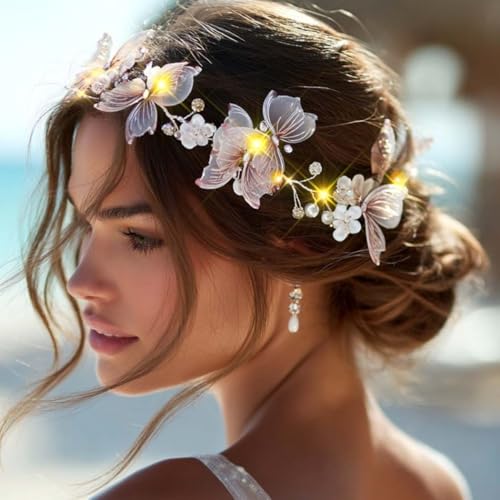 Unicra Butterfly Light up Headband Flower Bridal Wedding Hair Vine Silver Bride Hair Piece Pearl Hair Accessories for Wome...