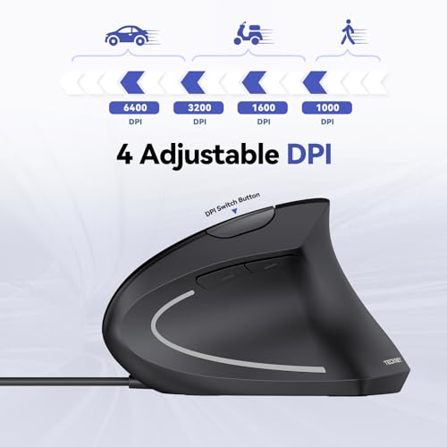 TECKNET Wired Mouse, 6400 DPI Ergonomic Mouse 6 Buttons Silent Mice 4 Adjustable DPI Vertical Mouse Compatible with Window...