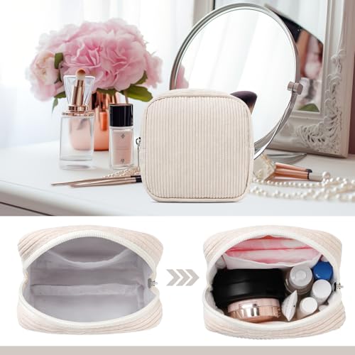 Small Makeup Bag for Purse – Mini Travel Cosmetic Pouch with Metal Zipper, Compact Corduroy Mini Makeup Bag for Cosmetics,...