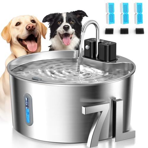 Dog Water Fountain,Wireless Stainless Steel Dog Fountain for Small to Large Dogs,1.8Gal/7L Battery Operated Cat Water Foun...